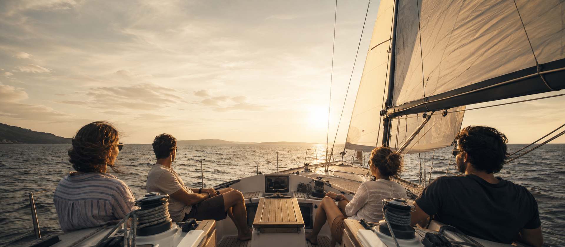 Four guests sitting along the cockpit rail as the boat sails into a low sun