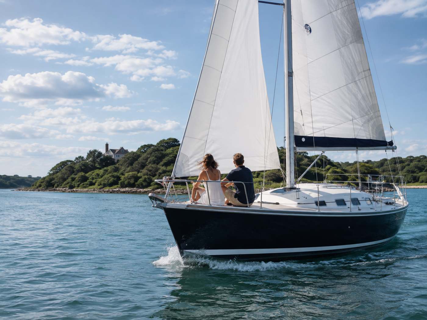 A sailboat under full sail with guests aboard off a green coastline