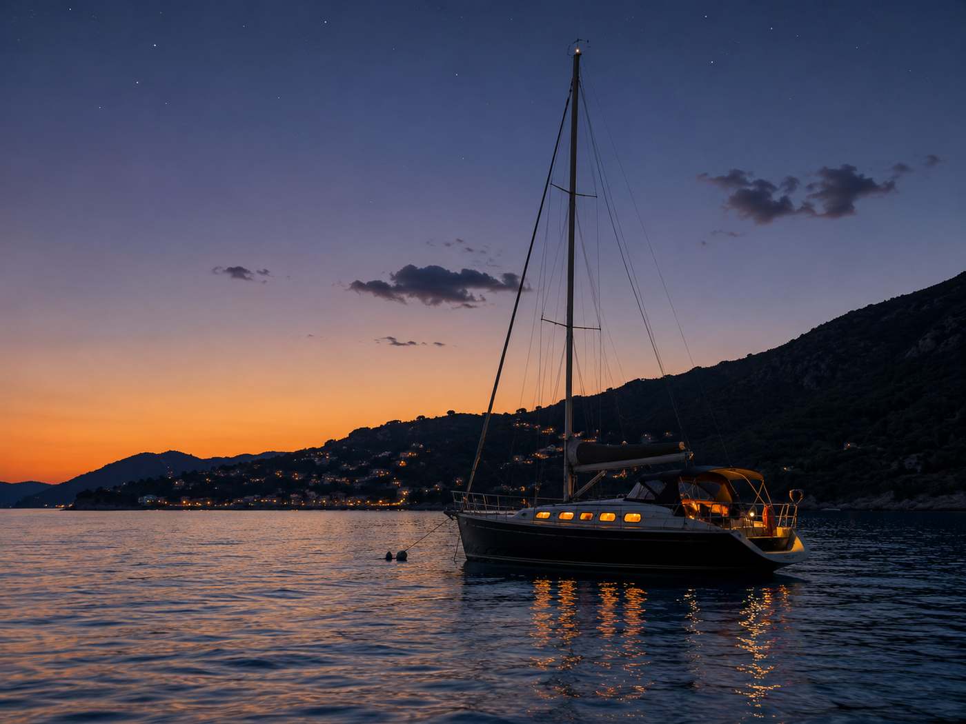 The boat lying at anchor at dusk with the cabin lights on