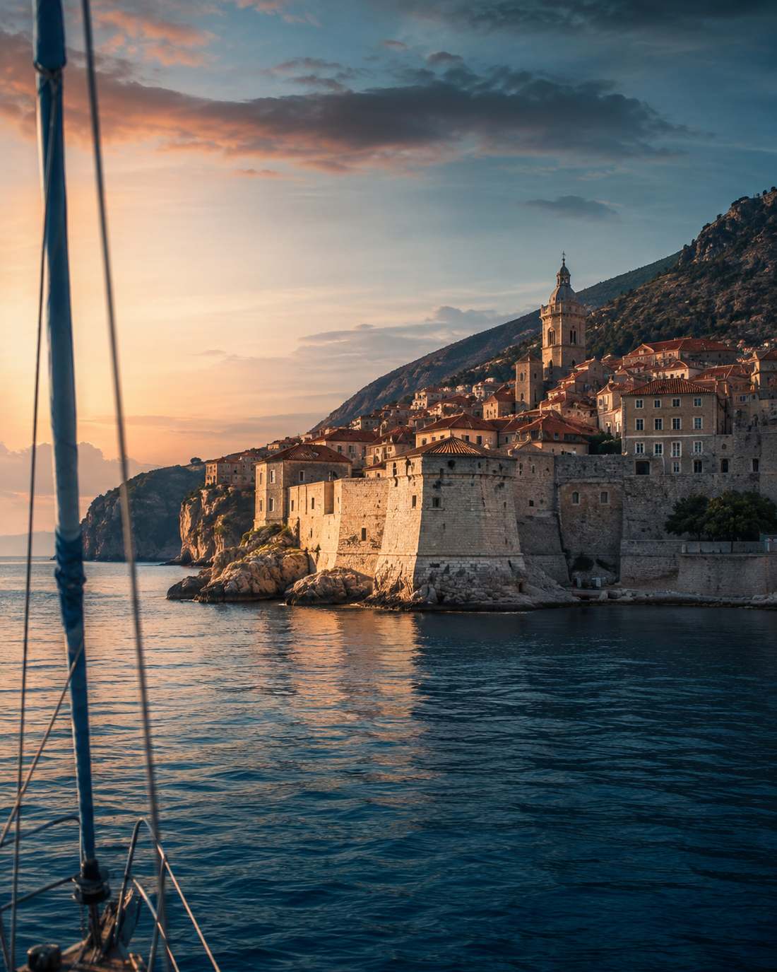 A walled stone harbor town on the Dalmatian coast at dusk