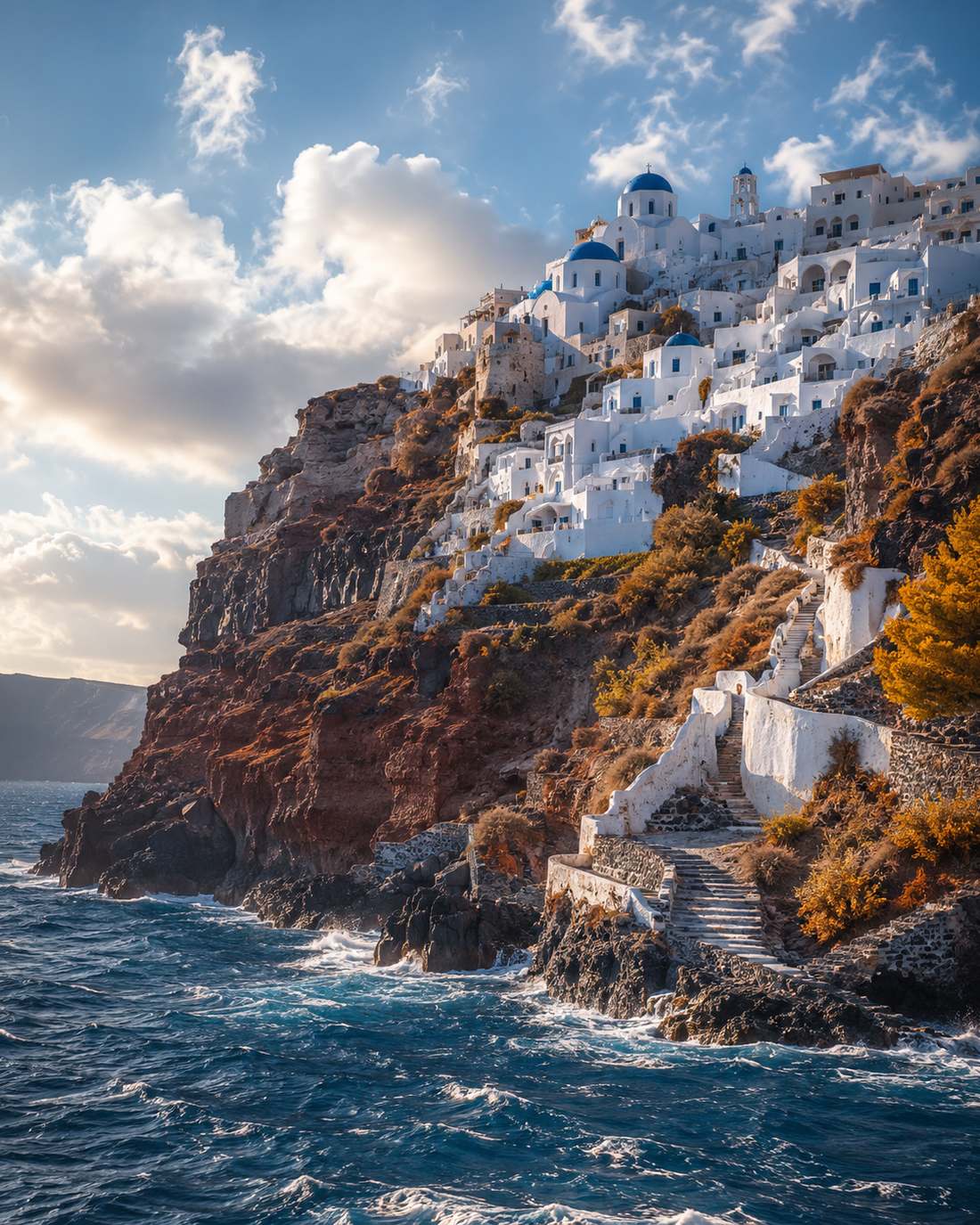 A whitewashed Cycladic village on the cliffs above the open Aegean