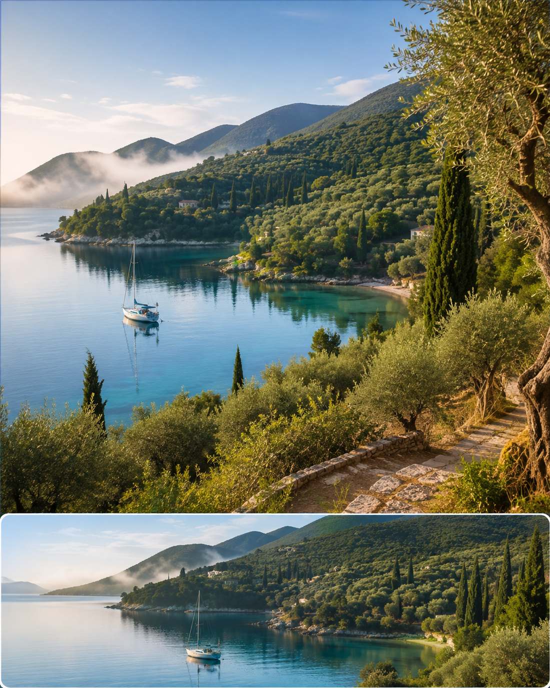 Green hills above a calm Ionian bay with a boat at anchor