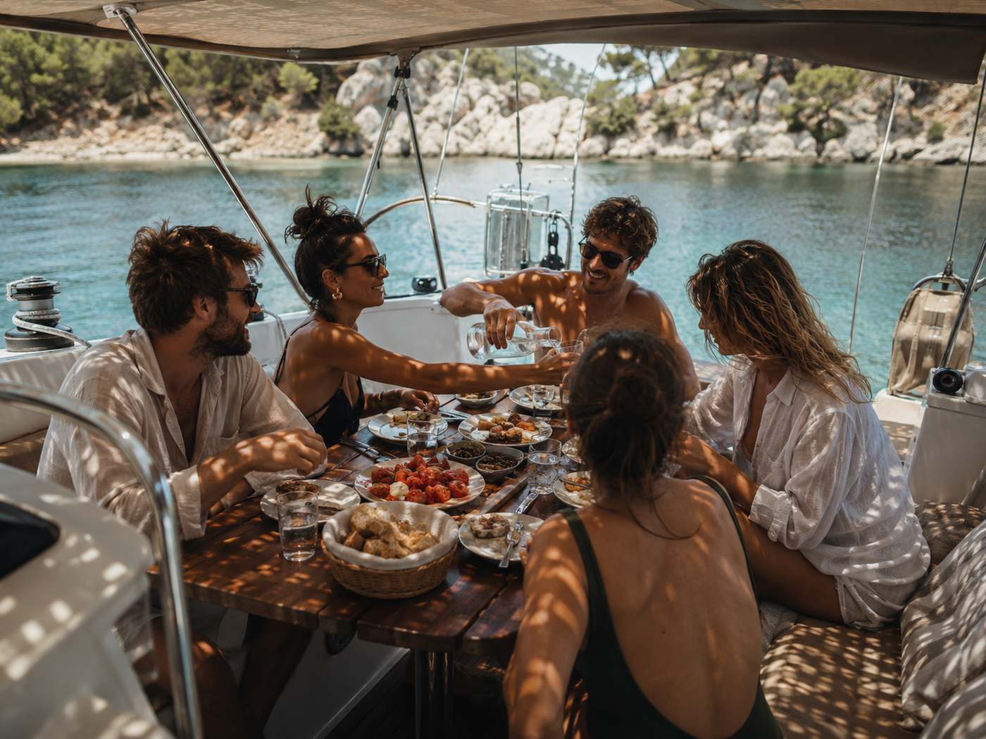 Guests eating lunch together around the cockpit table