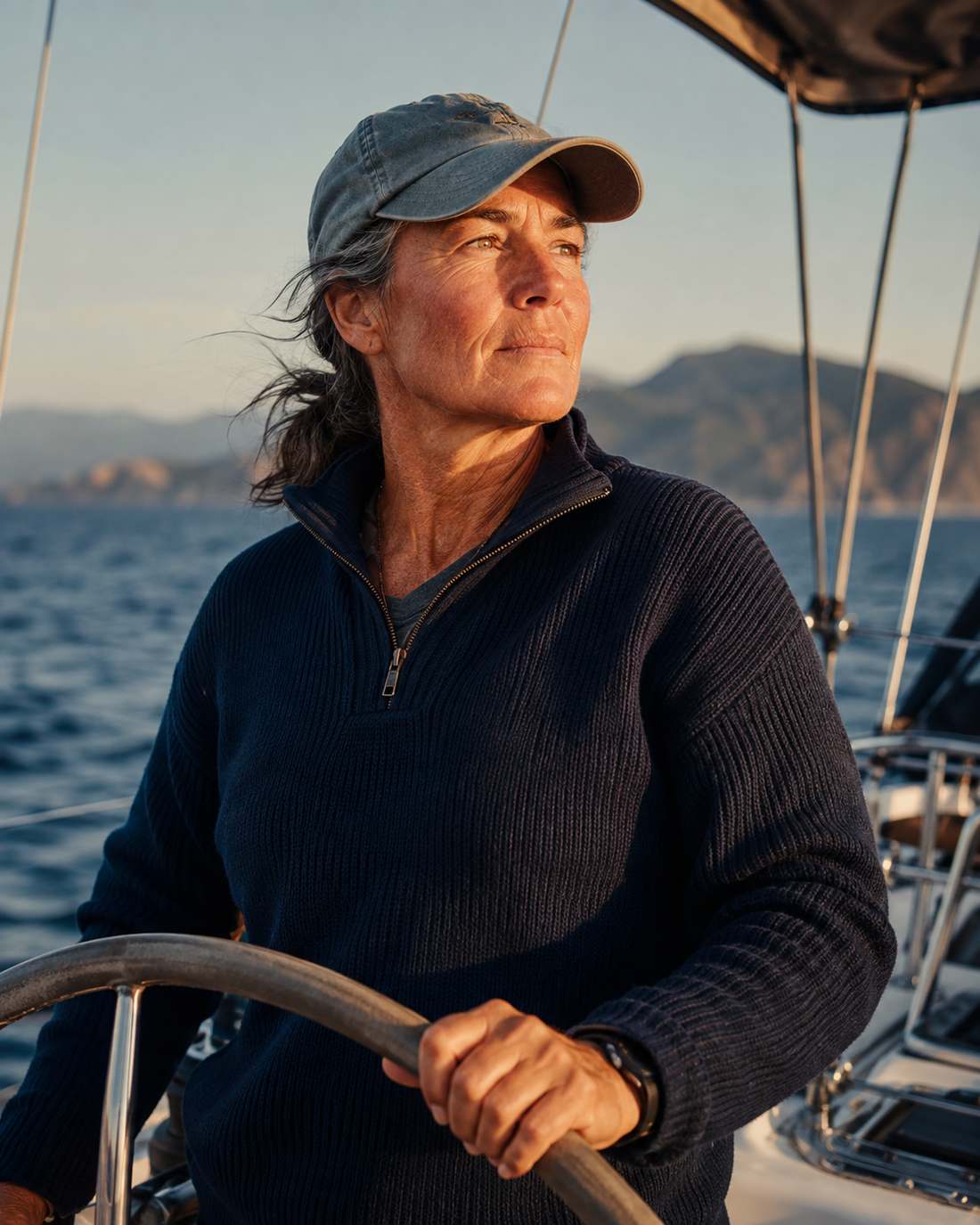 Captain Elena Marsh at the wheel under way