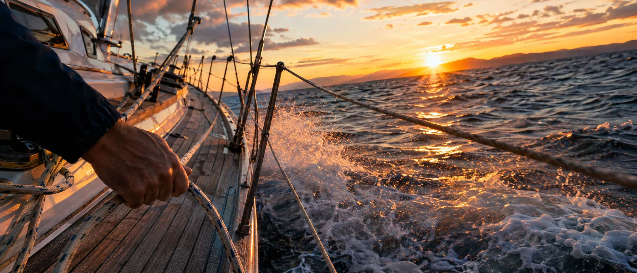 A hand on the sheet at the rail as the sun drops toward the water