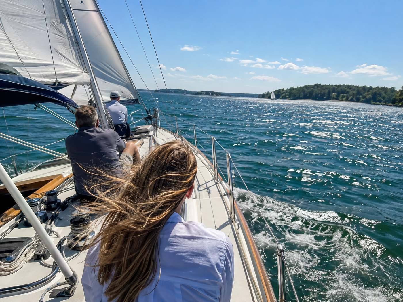 Guests looking out over the water on a midday reach across the Sound