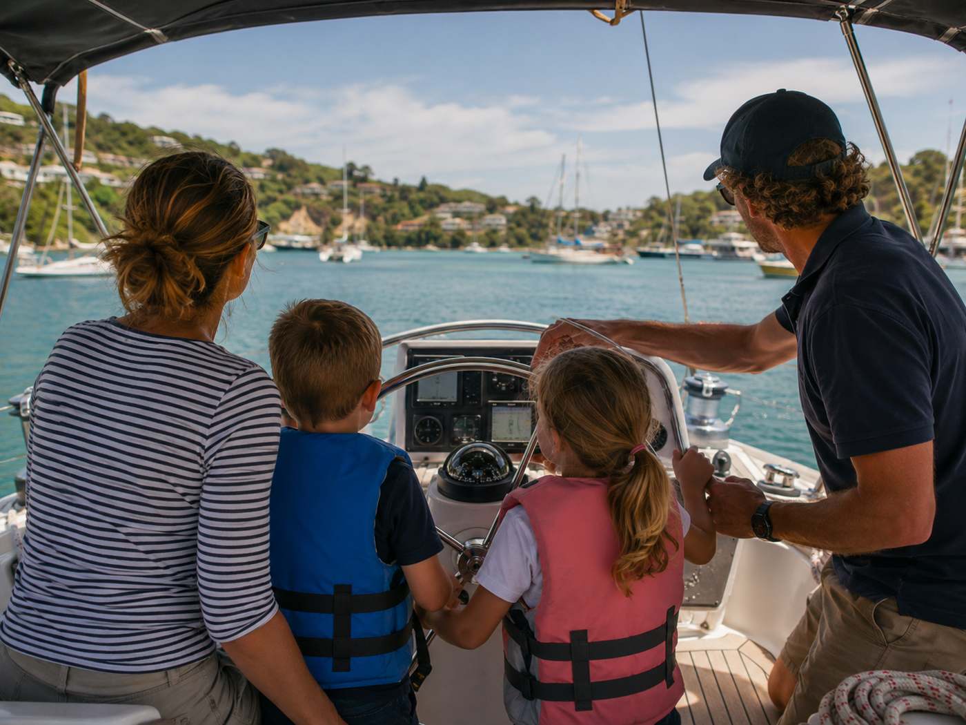 A family at the wheel together on a private charter