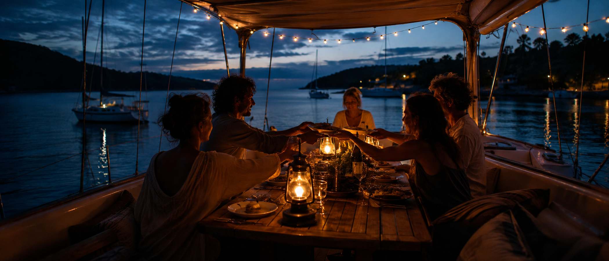 The boat anchored at dusk with lamps lit over the cockpit table