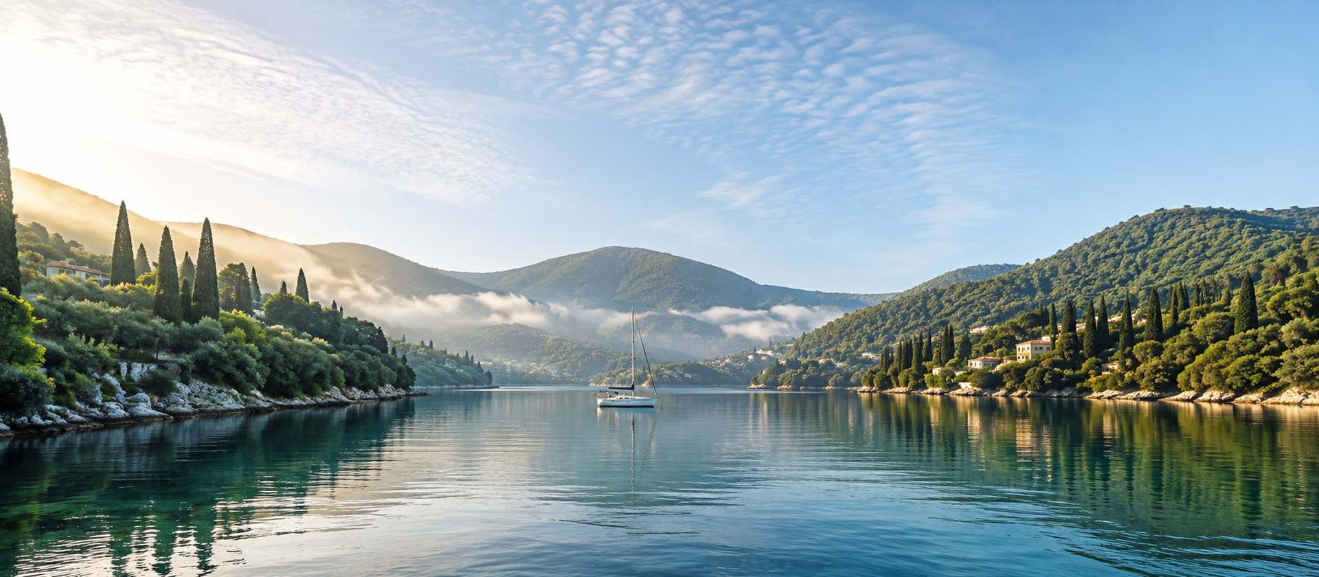 A calm Ionian bay under green hills