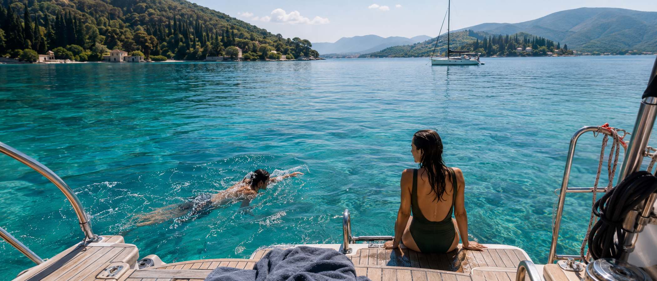 A guest at the stern during a swim stop at anchor