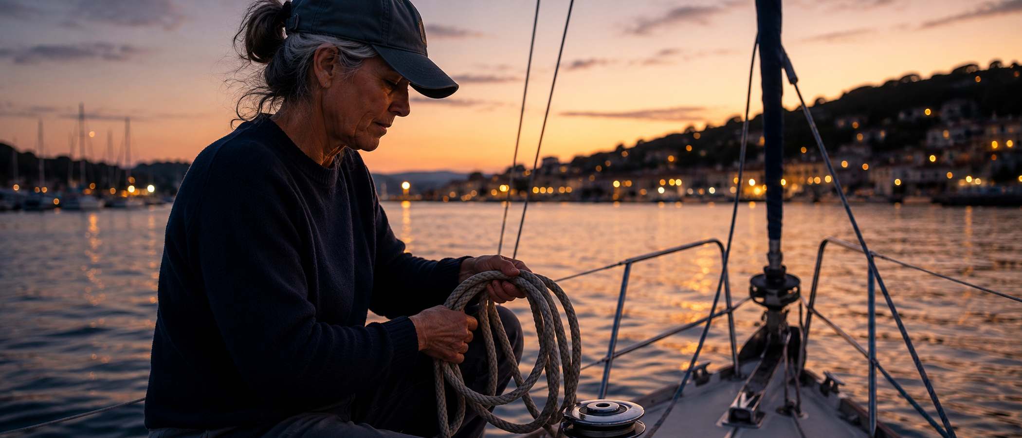 Captain Elena Marsh at the helm as the light goes at dusk